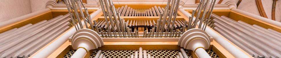 Bildausschnitt: Pfeifen und Spanische Trompeten - die Große Steinmeyer-Lenter-Orgel im Chorraum der Heiliggeistkirche